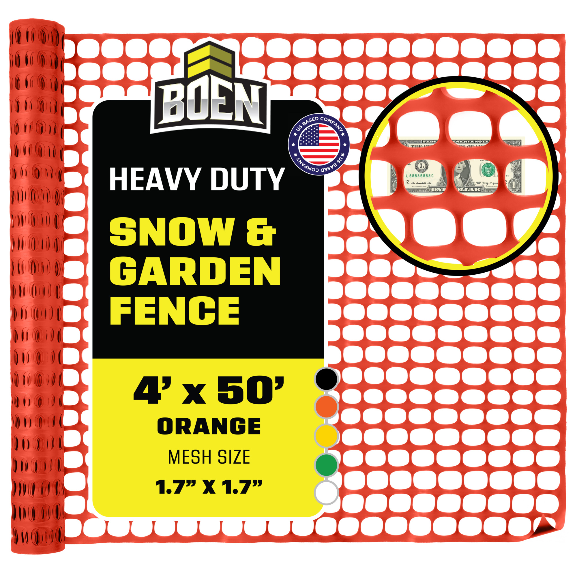 Boen Orange Safety Fence, 4 ft x 50 ft, Temporary Construction Fencing, Mesh Snow Fence, Plastic Garden Netting, Above Ground Barrier, for Deer, Kids, Swimming Pool, Silt, Lawn, Rabbits, Poultry, Dogs